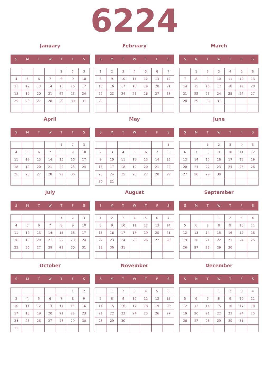 Printable 6224 Year Calendars puce