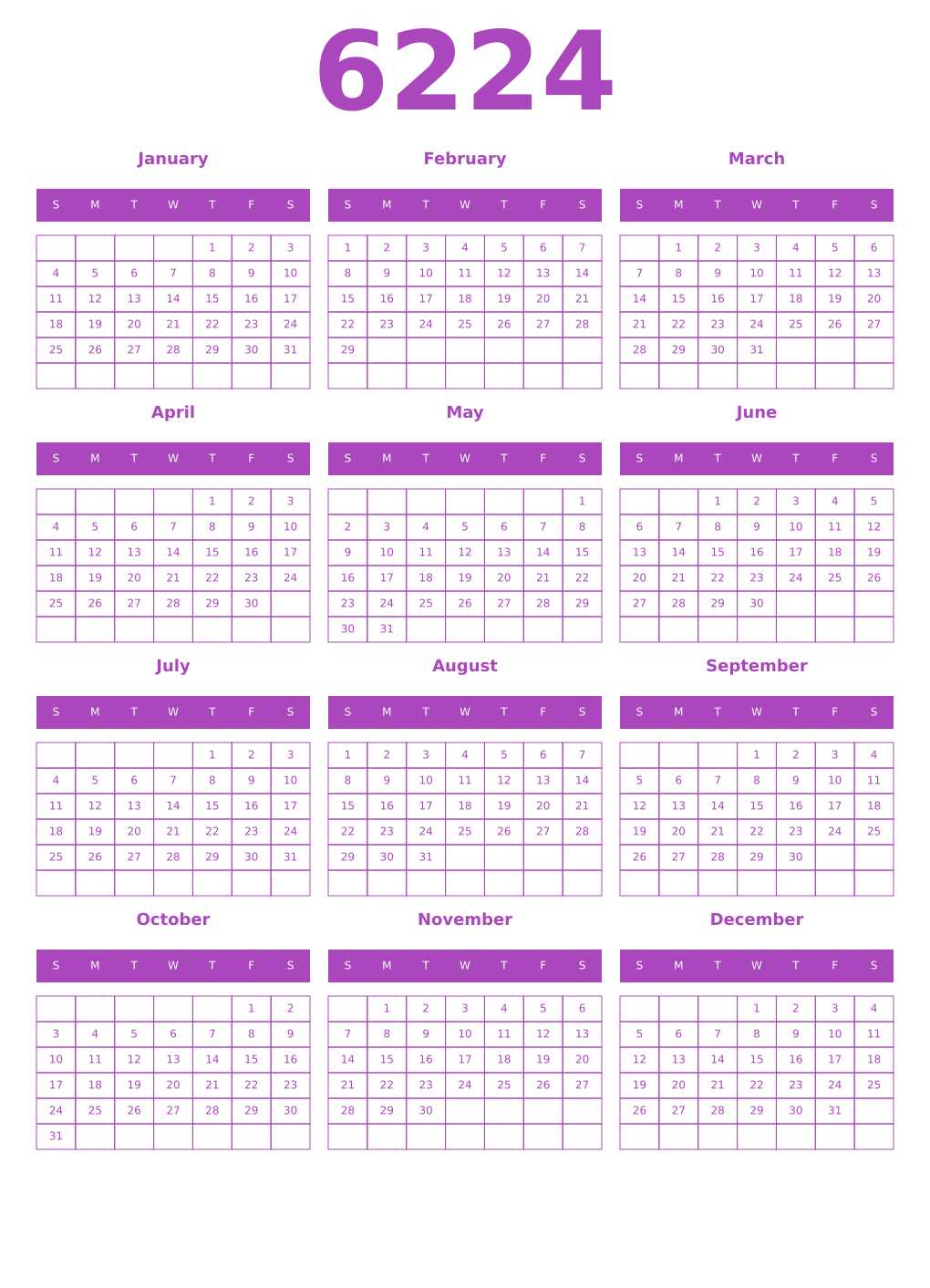Printable 6224 Year Calendars purple