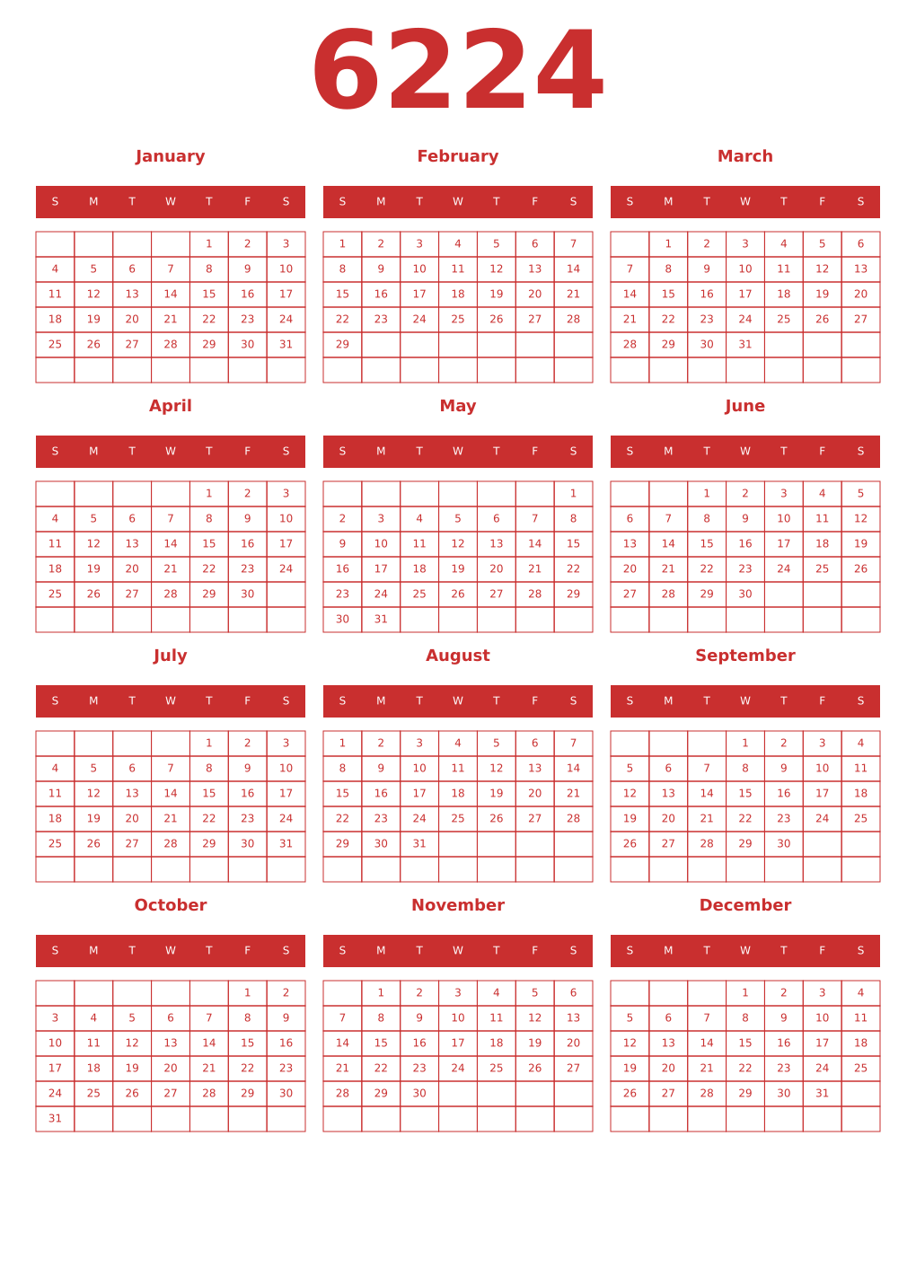 Printable 6224 Year Calendars red