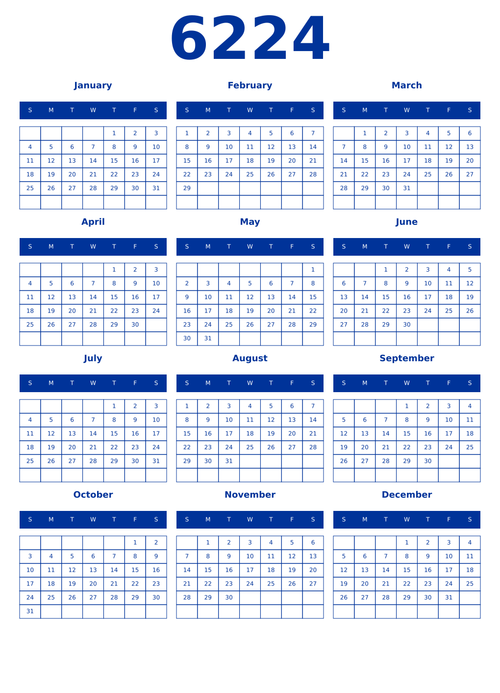 Printable 6224 Year Calendars smalt