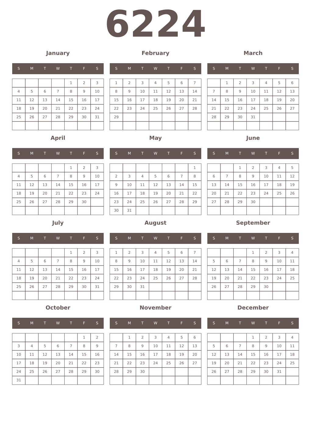 Printable 6224 Year Calendars wenge