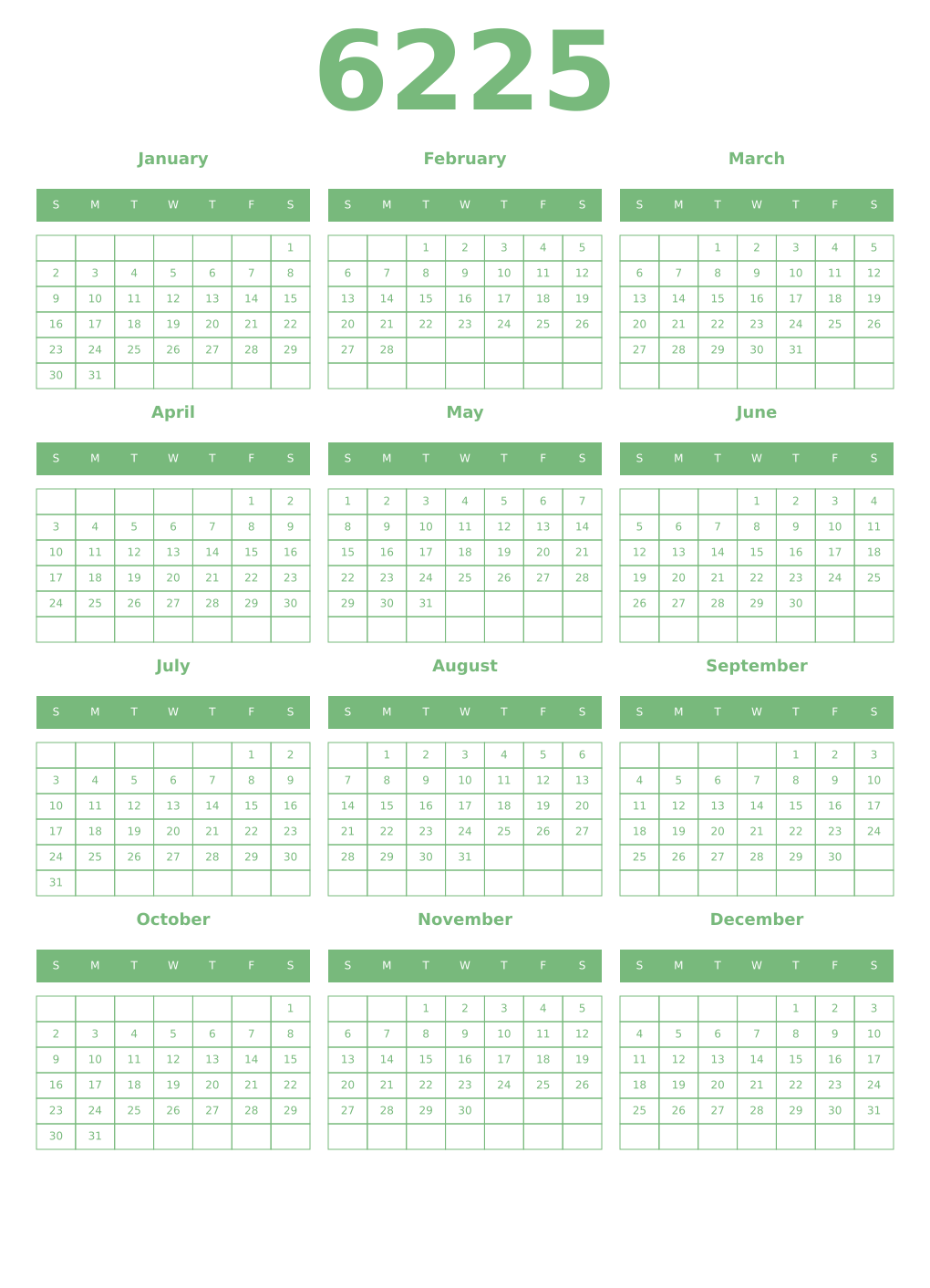 Printable 6225 Year Calendars celadon