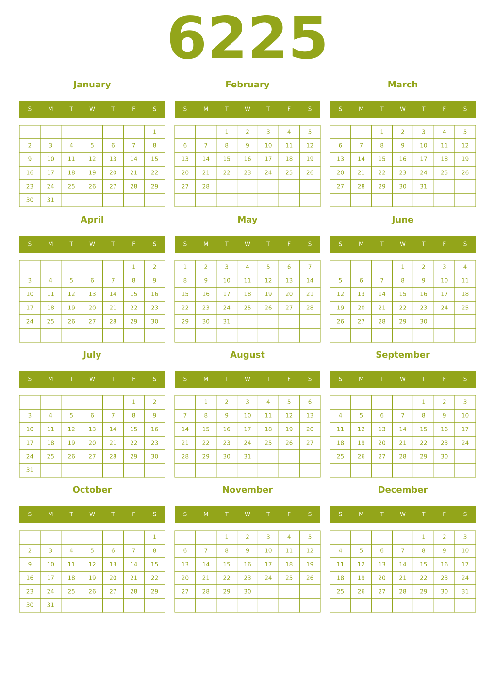 Printable 6225 Year Calendars chartreuse