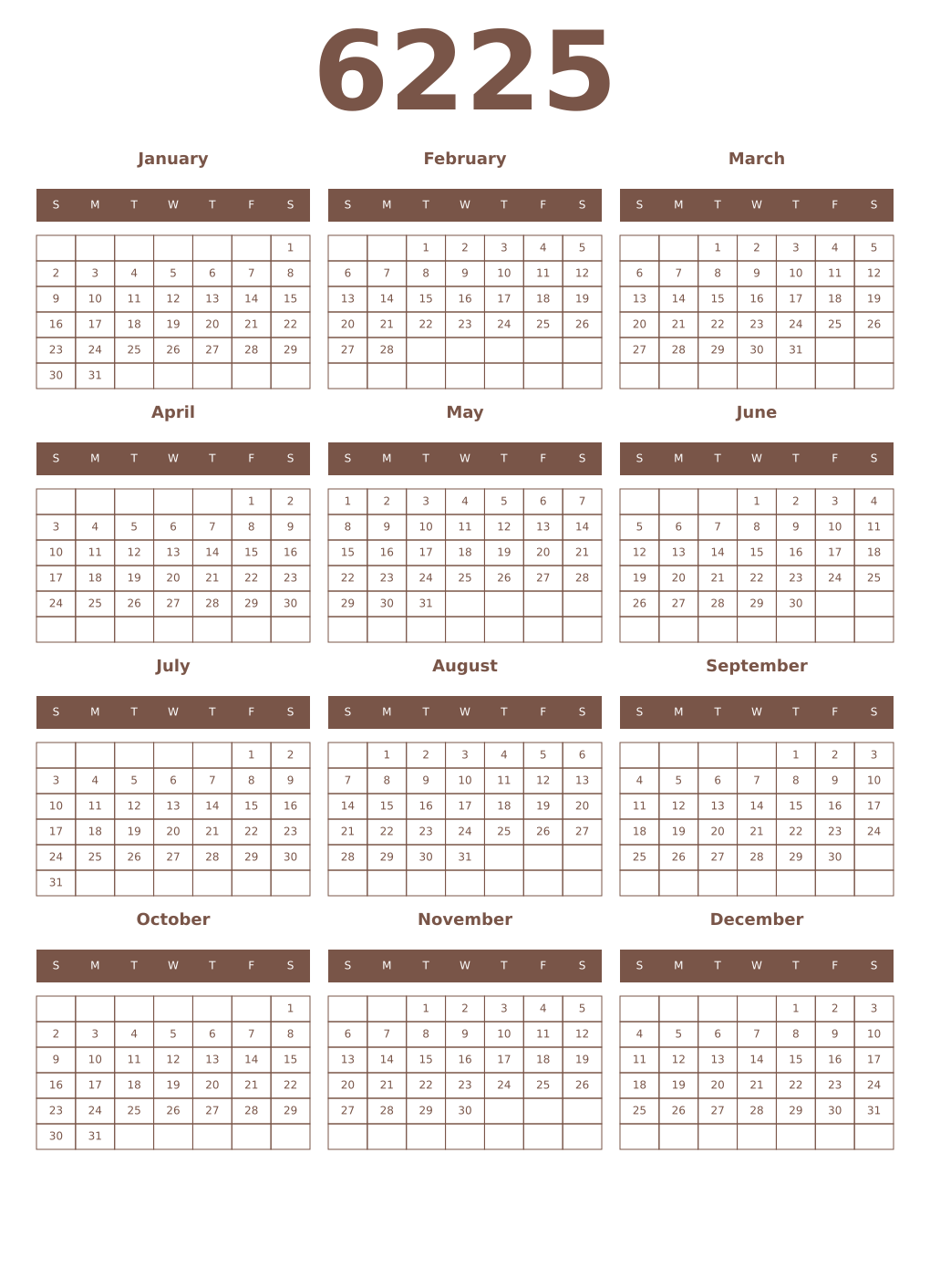 Printable 6225 Year Calendars coffe