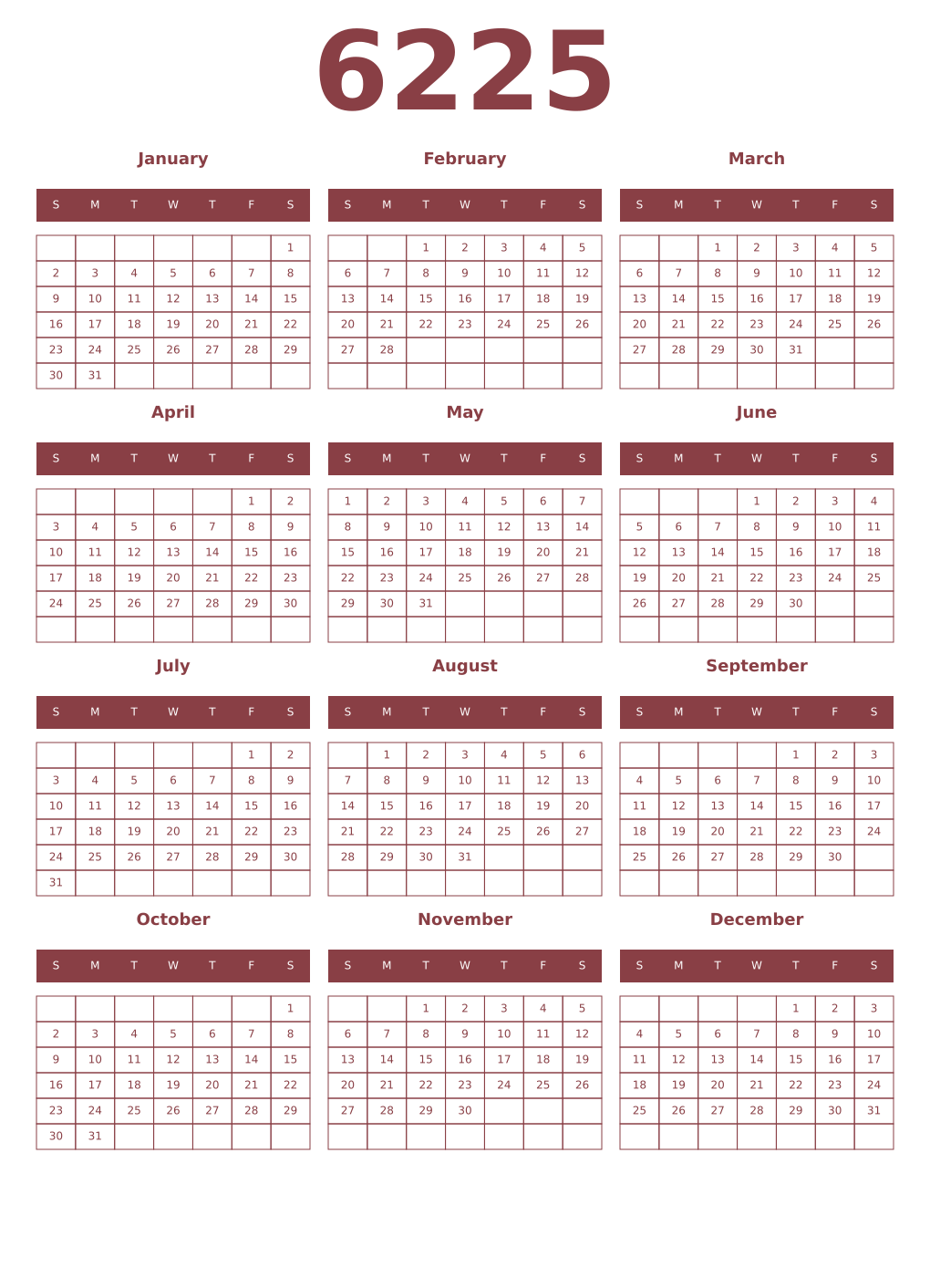 Printable 6225 Year Calendars cordovan