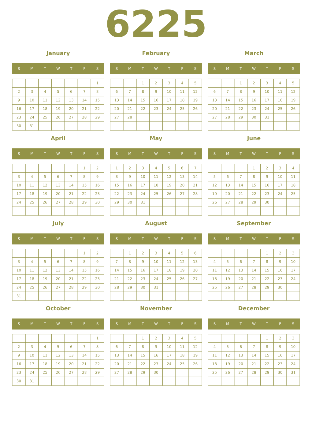 Printable 6225 Year Calendars eburnean