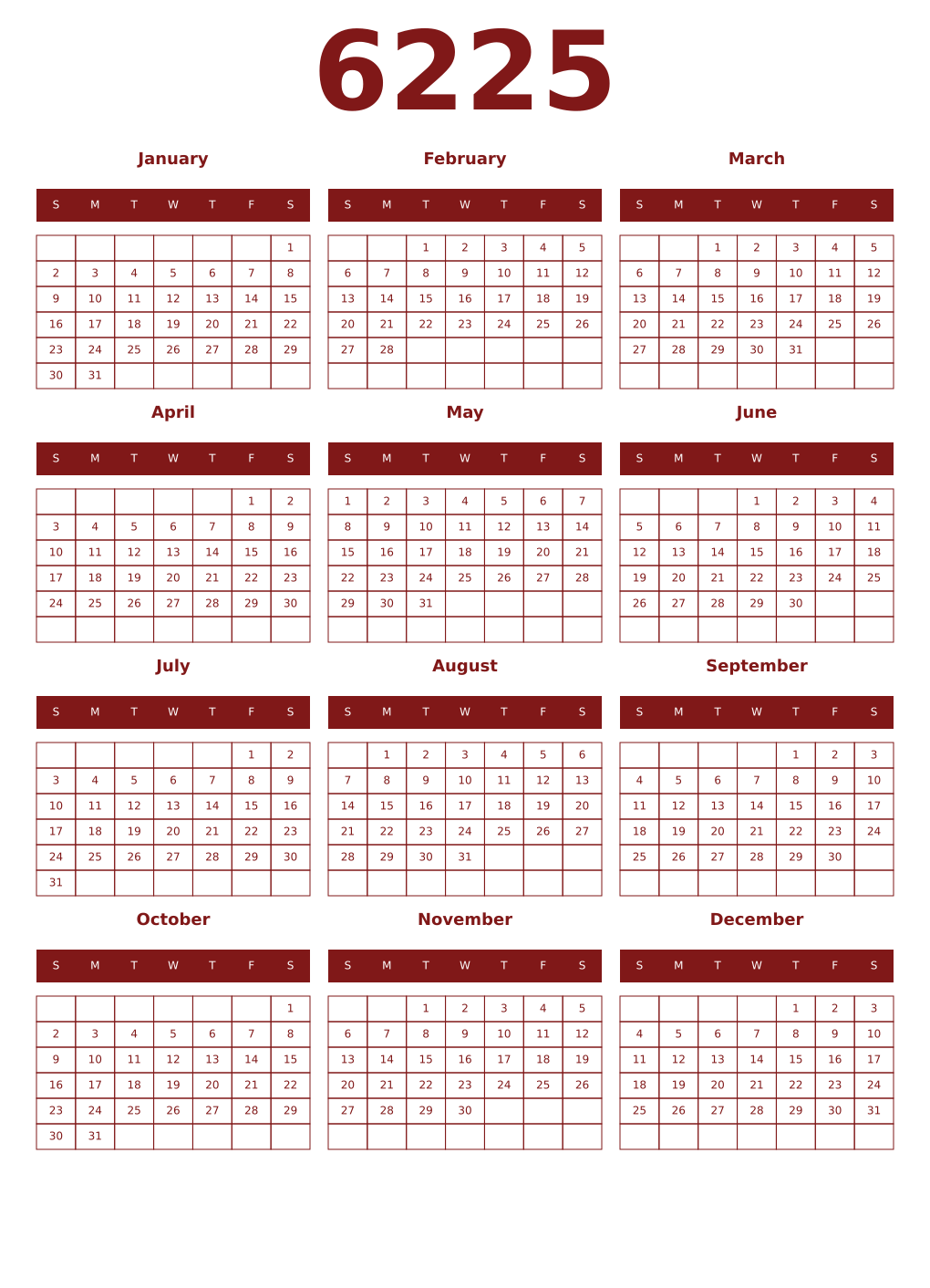 Printable 6225 Year Calendars falu