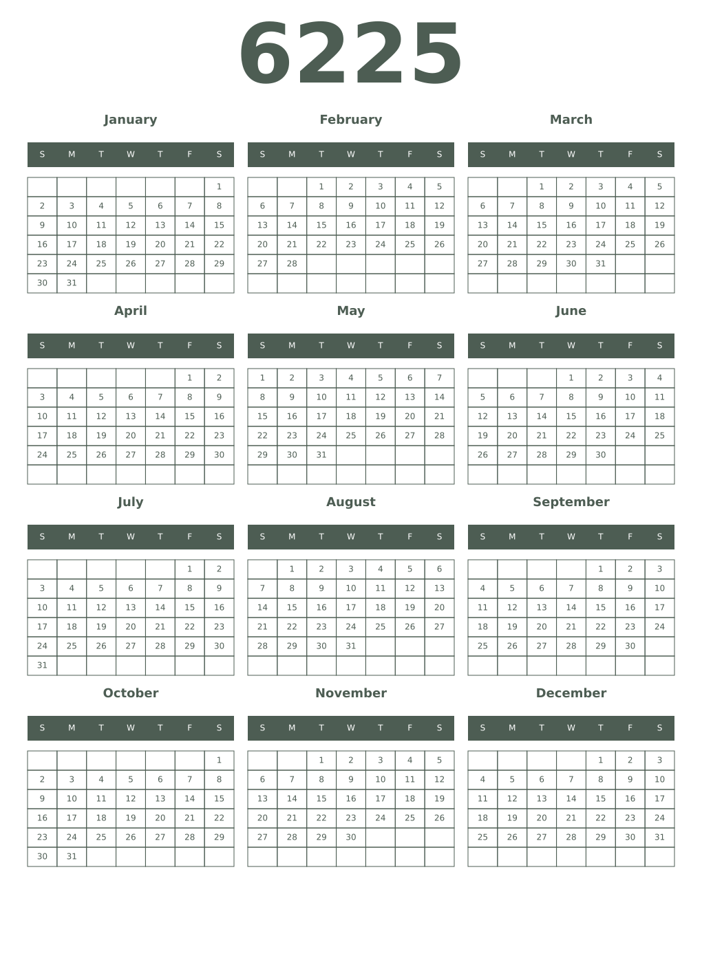Printable 6225 Year Calendars feldgrau