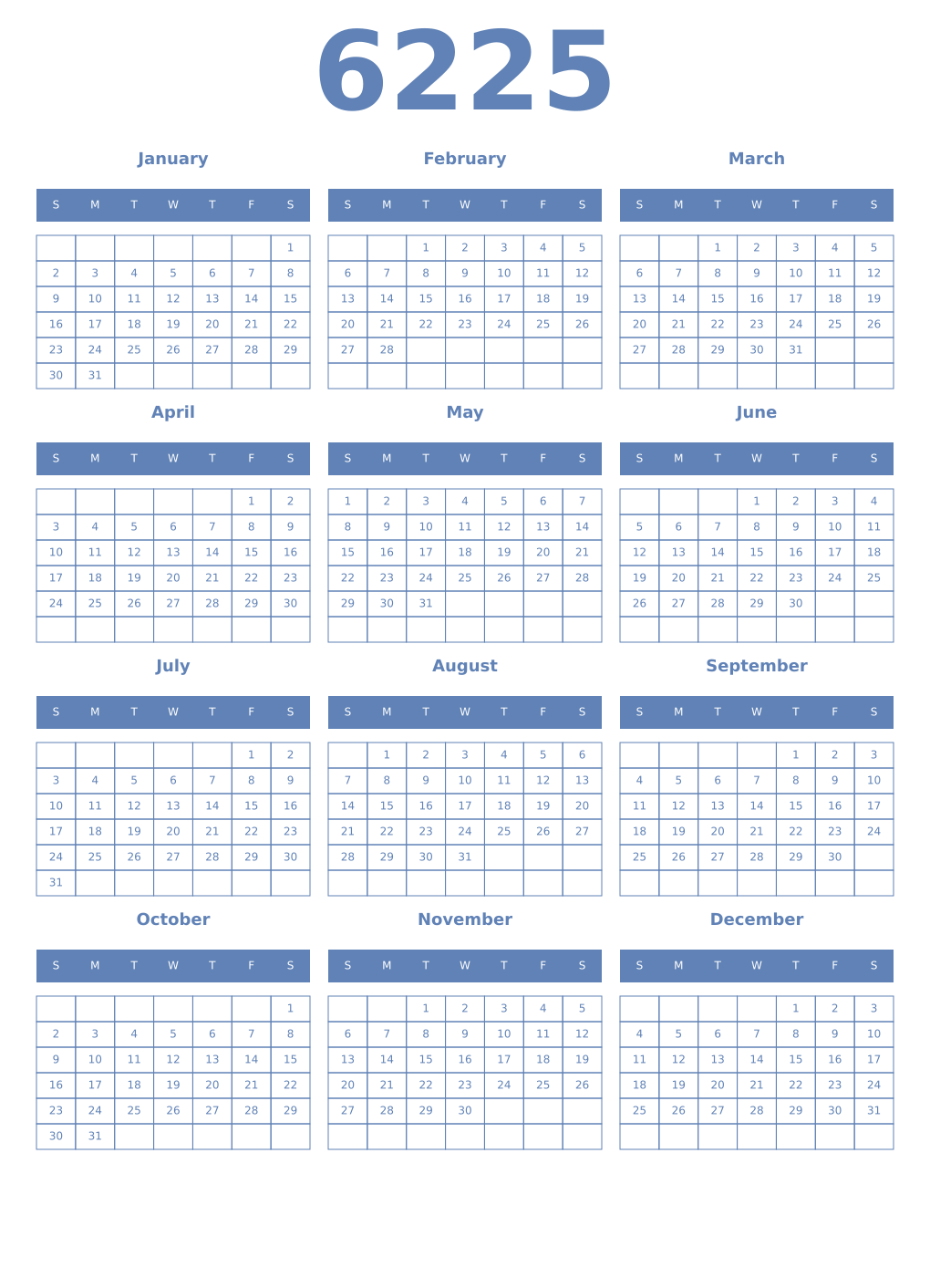 Printable 6225 Year Calendars glaucous