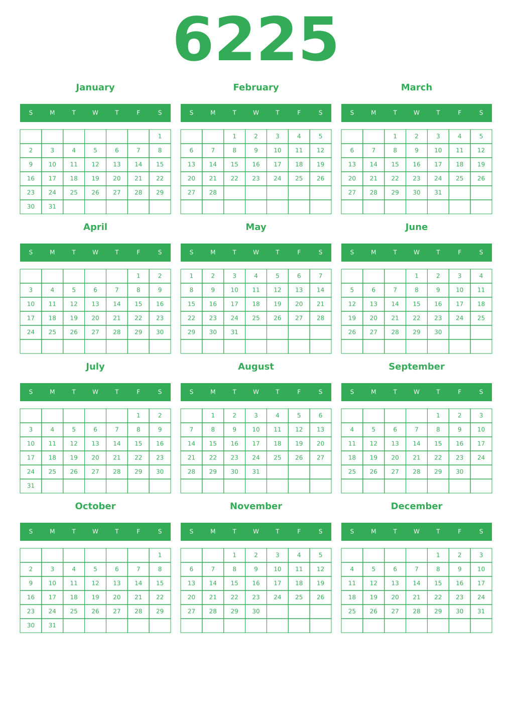 Printable 6225 Year Calendars green
