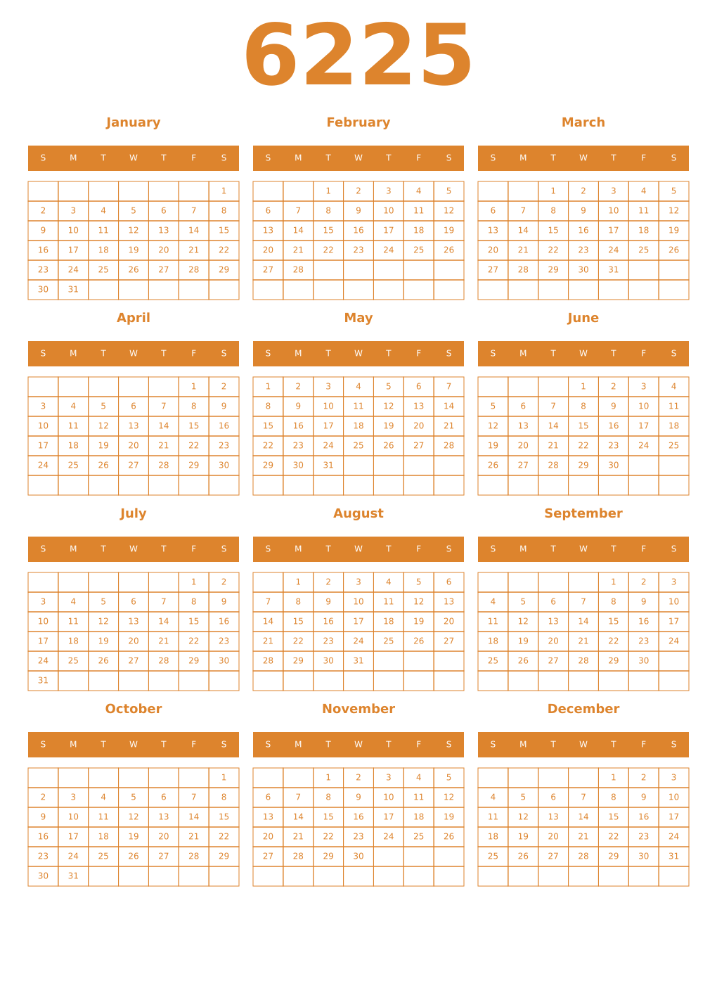 Printable 6225 Year Calendars orange