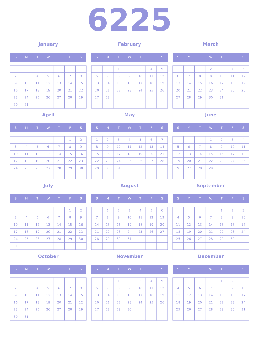 Printable 6225 Year Calendars periwinkle