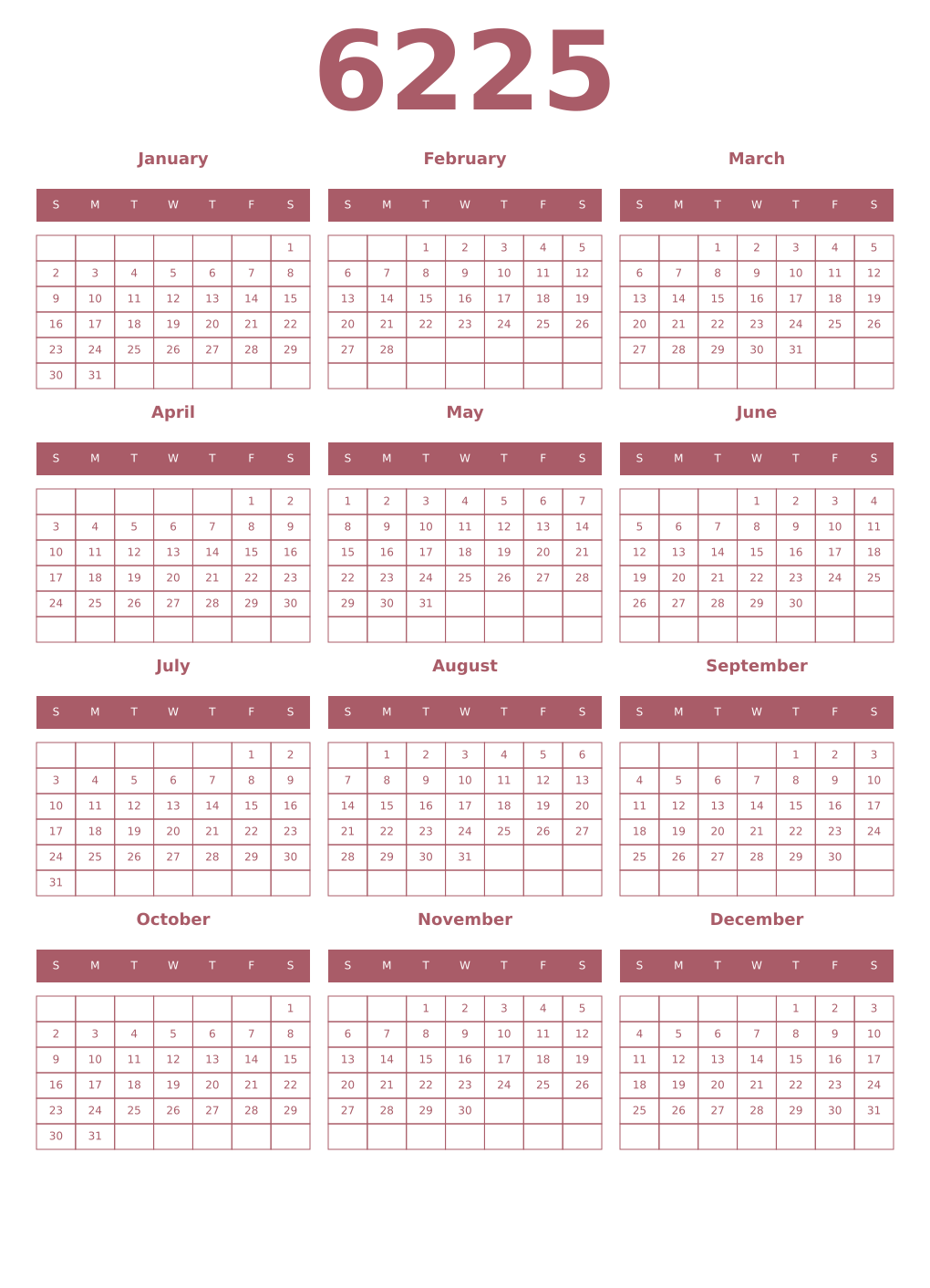 Printable 6225 Year Calendars puce