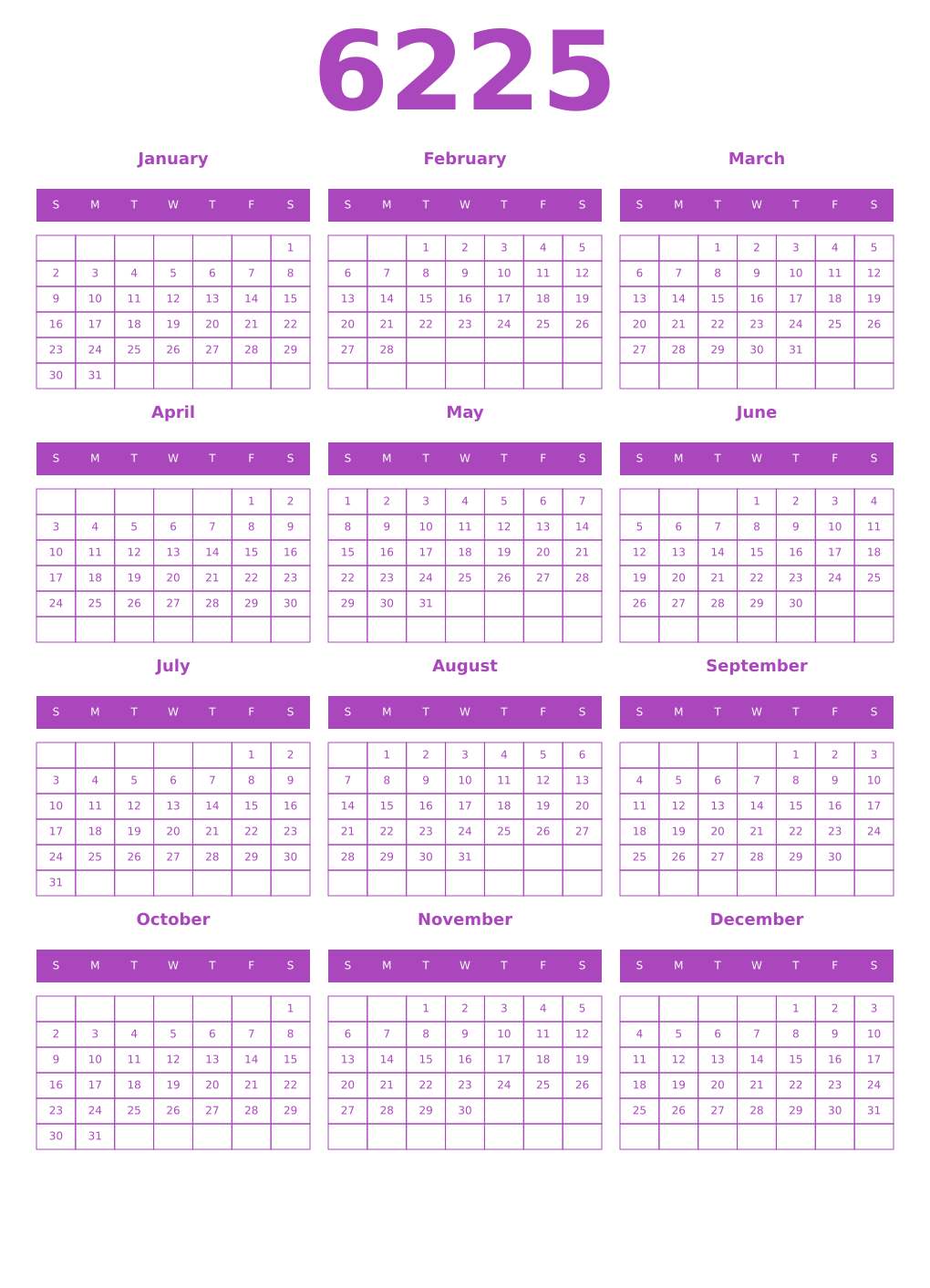 Printable 6225 Year Calendars purple