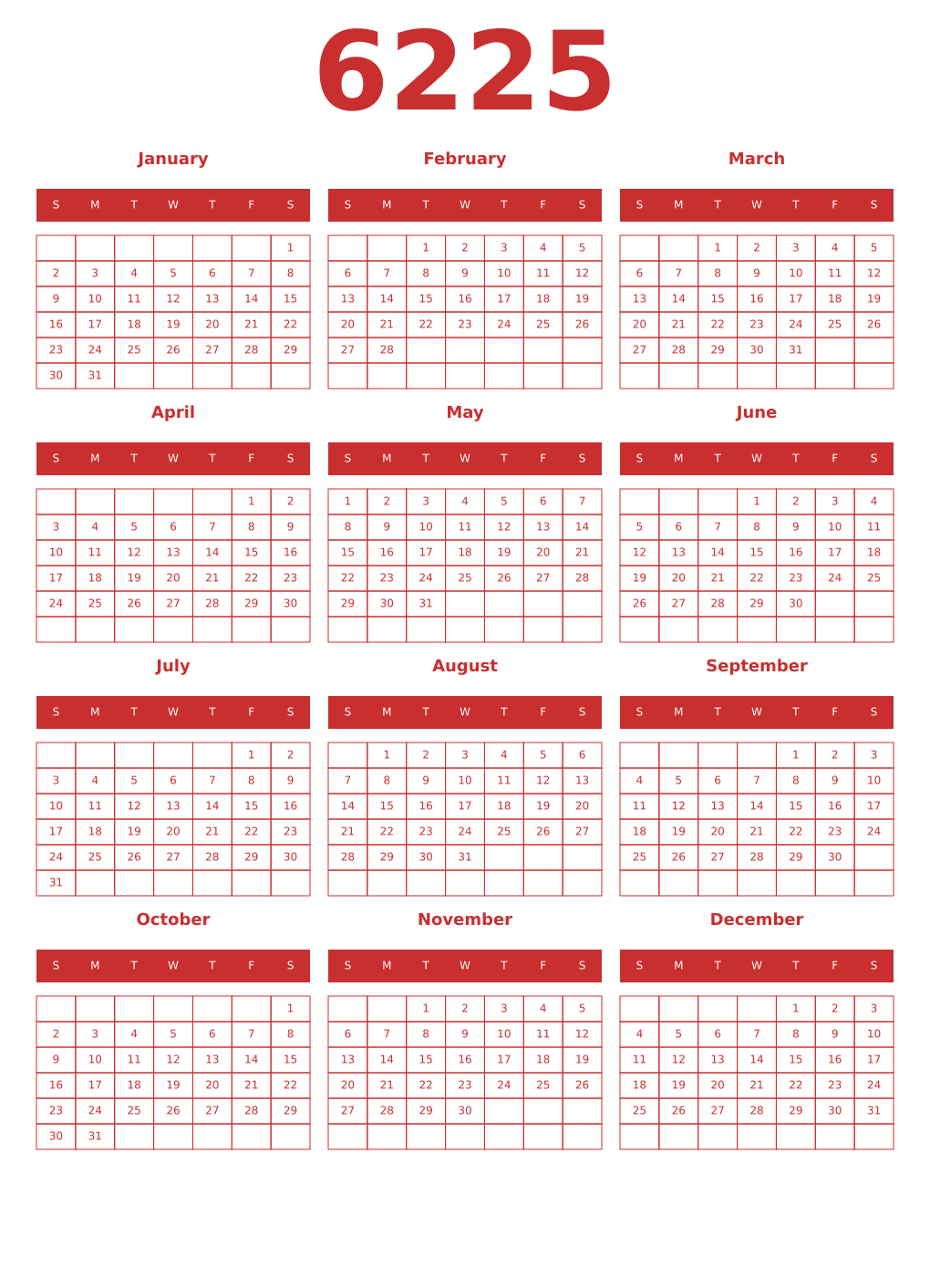 Printable 6225 Year Calendars red