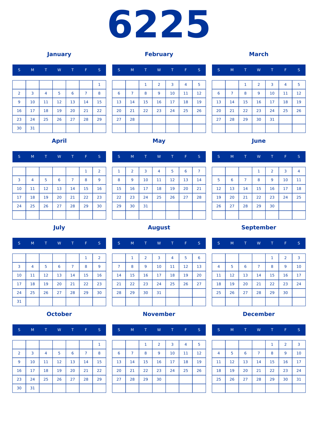 Printable 6225 Year Calendars smalt