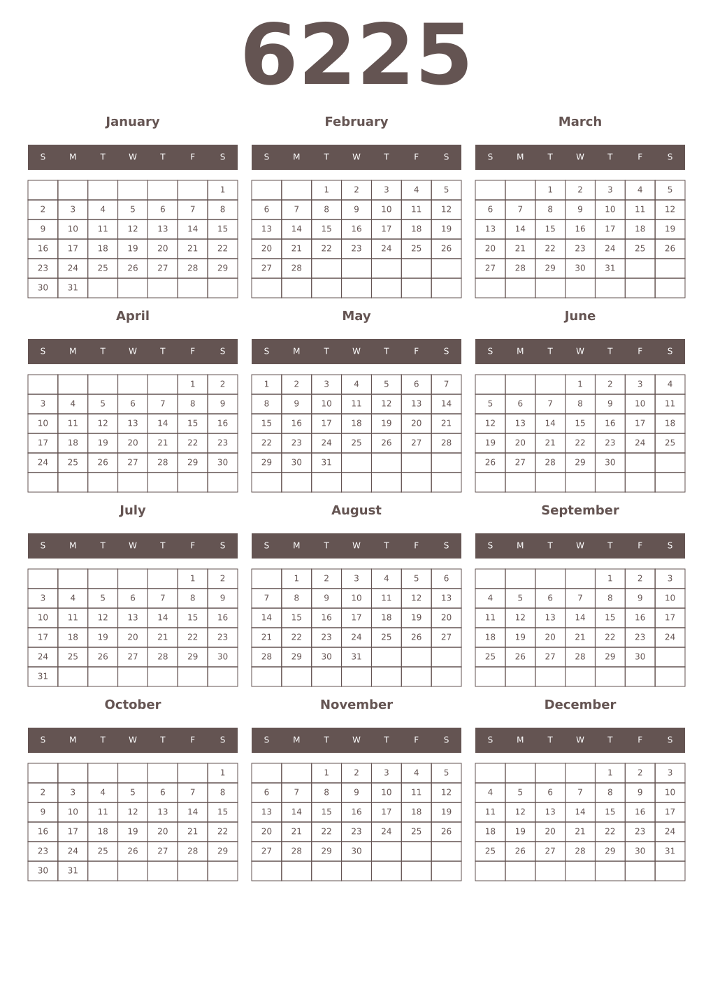 Printable 6225 Year Calendars wenge
