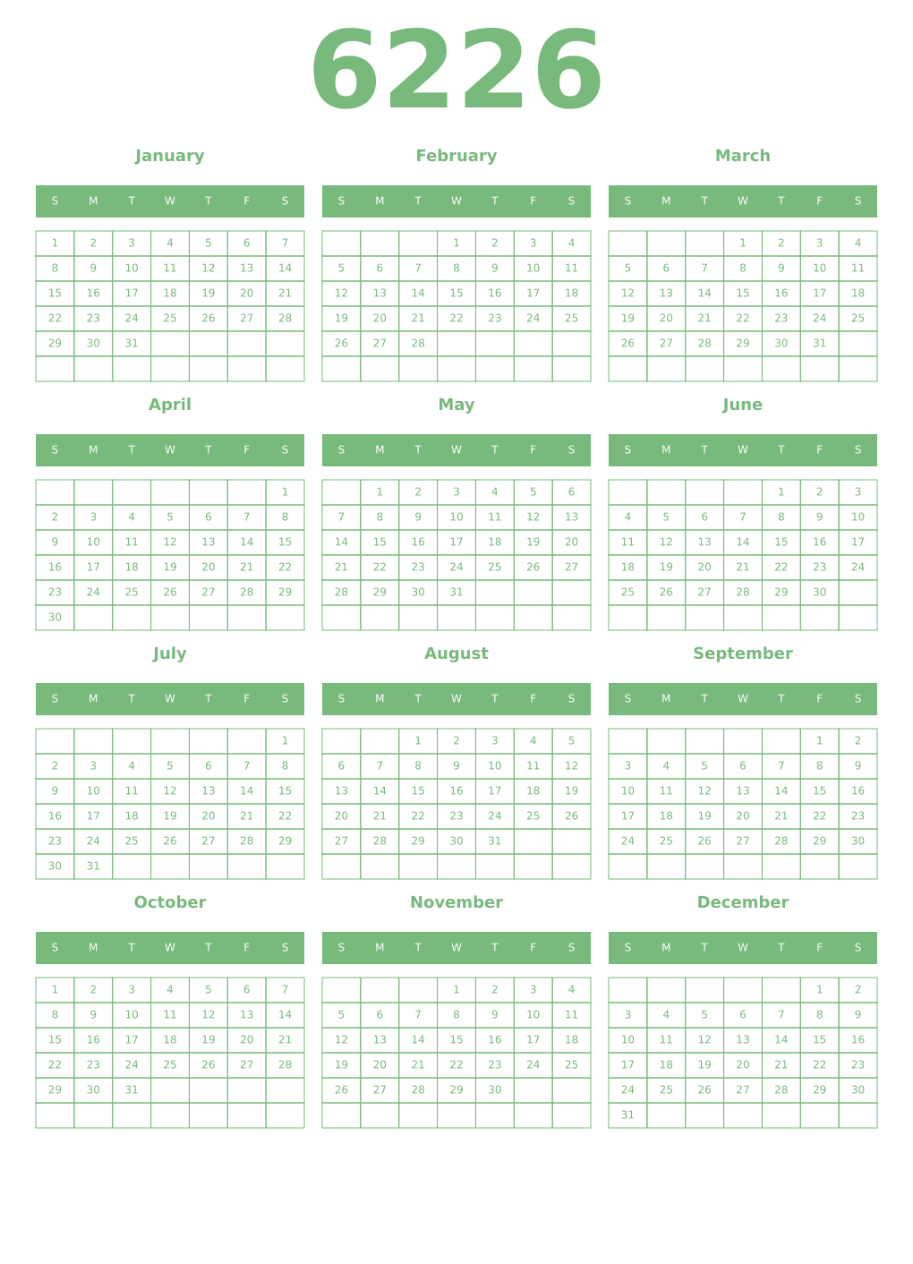Printable 6226 Year Calendars celadon