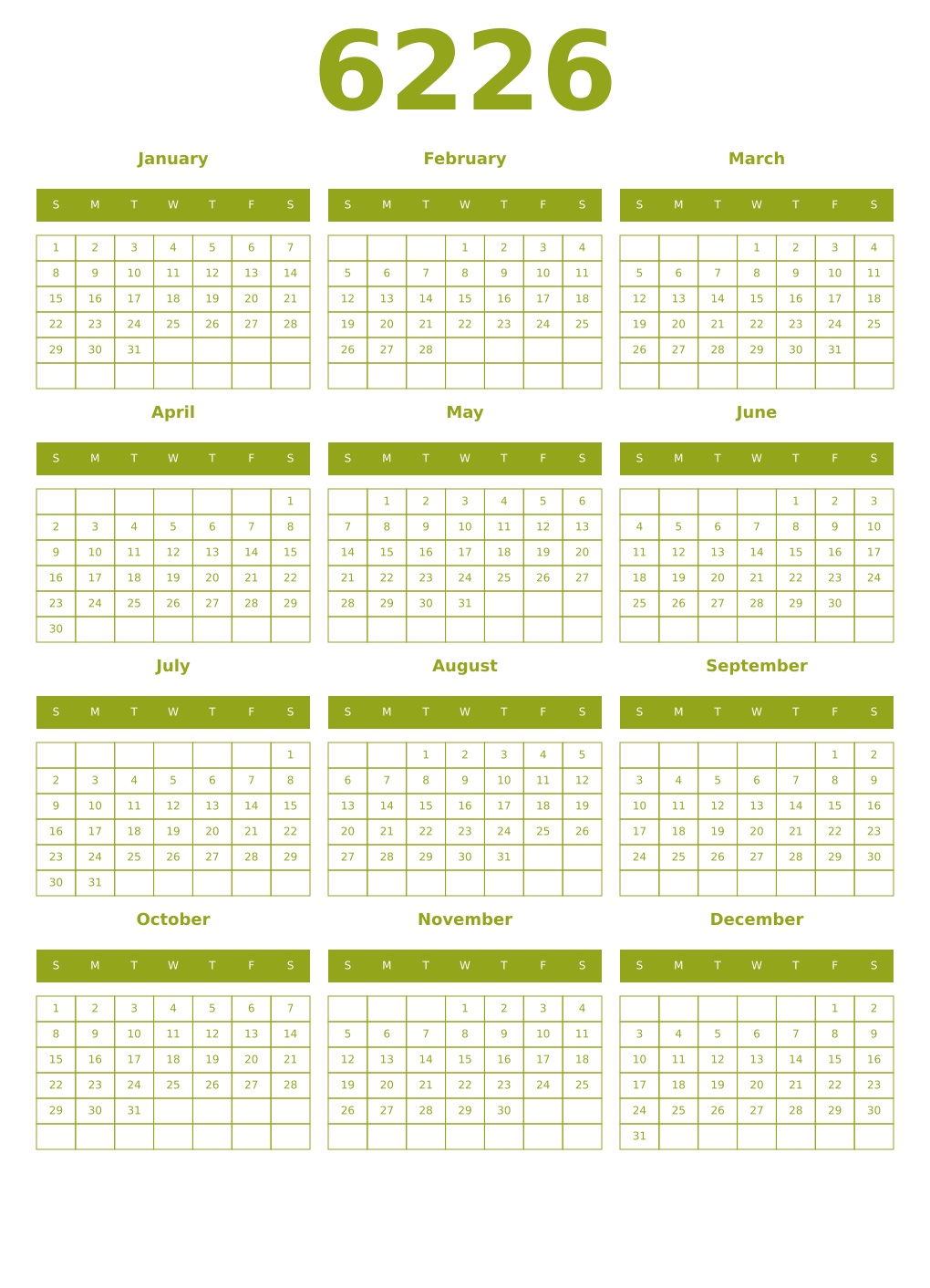 Printable 6226 Year Calendars chartreuse