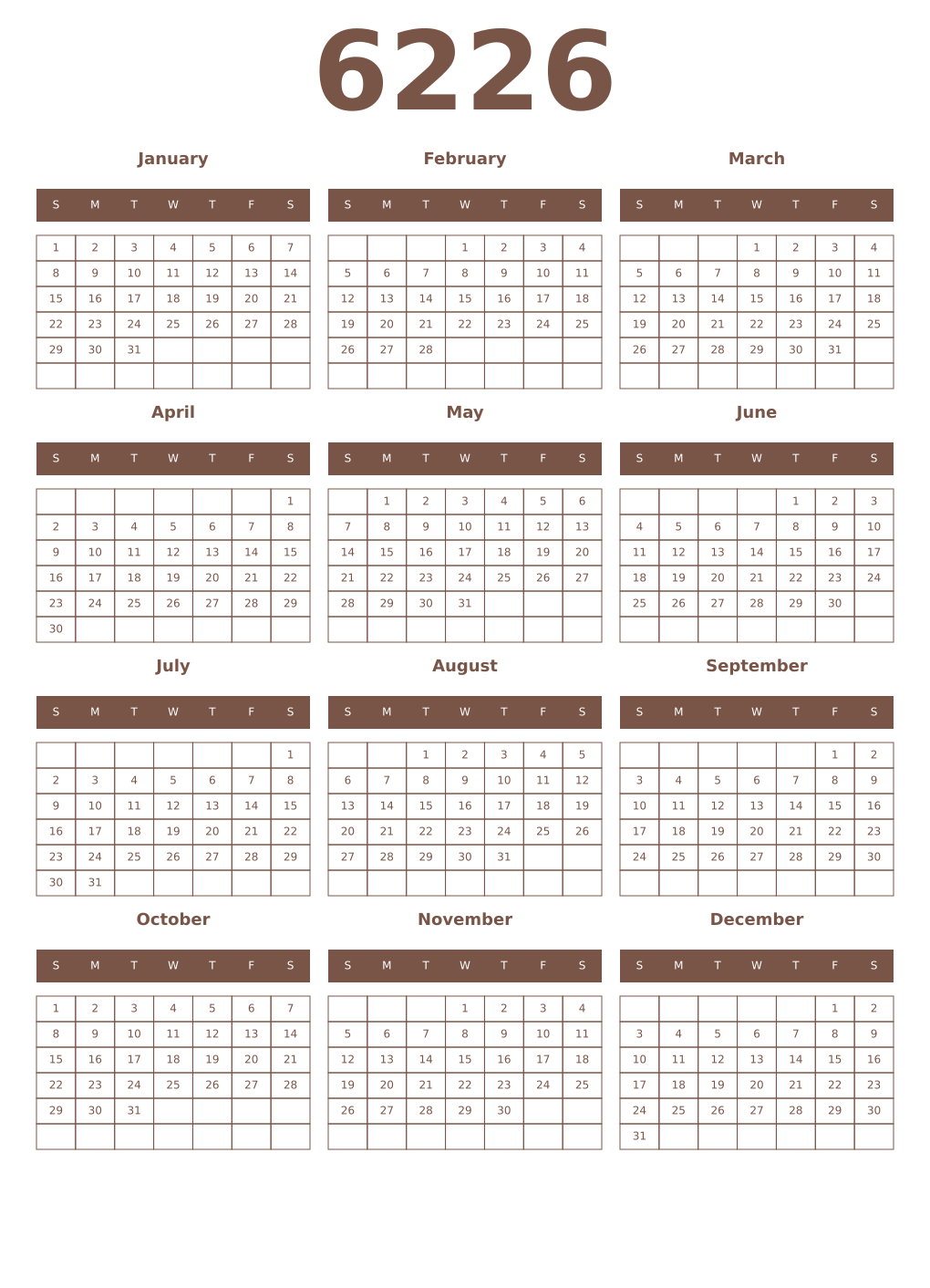 Printable 6226 Year Calendars coffe