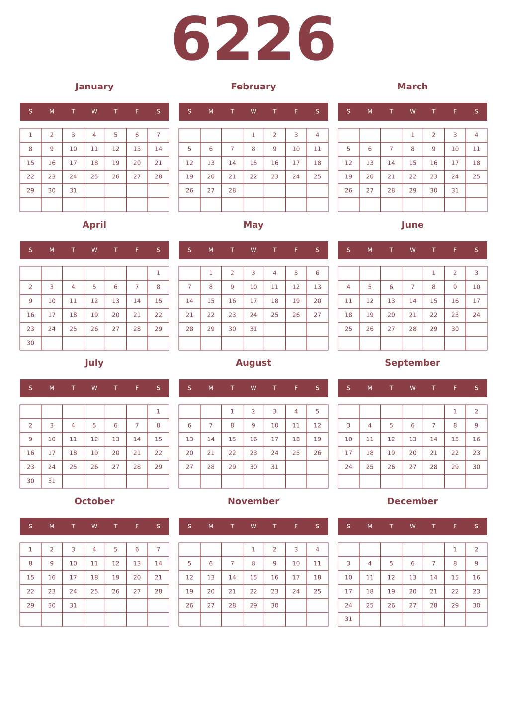Printable 6226 Year Calendars cordovan