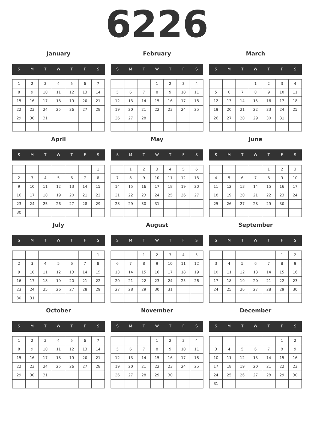 Printable 6226 Year Calendars dark