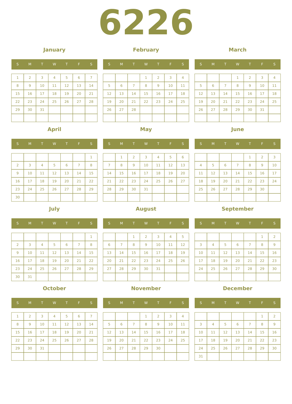 Printable 6226 Year Calendars eburnean