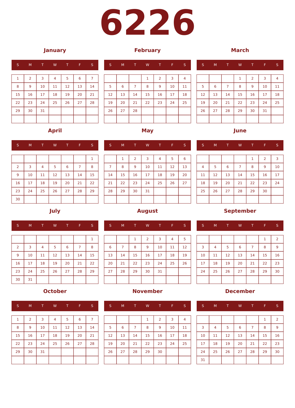 Printable 6226 Year Calendars falu