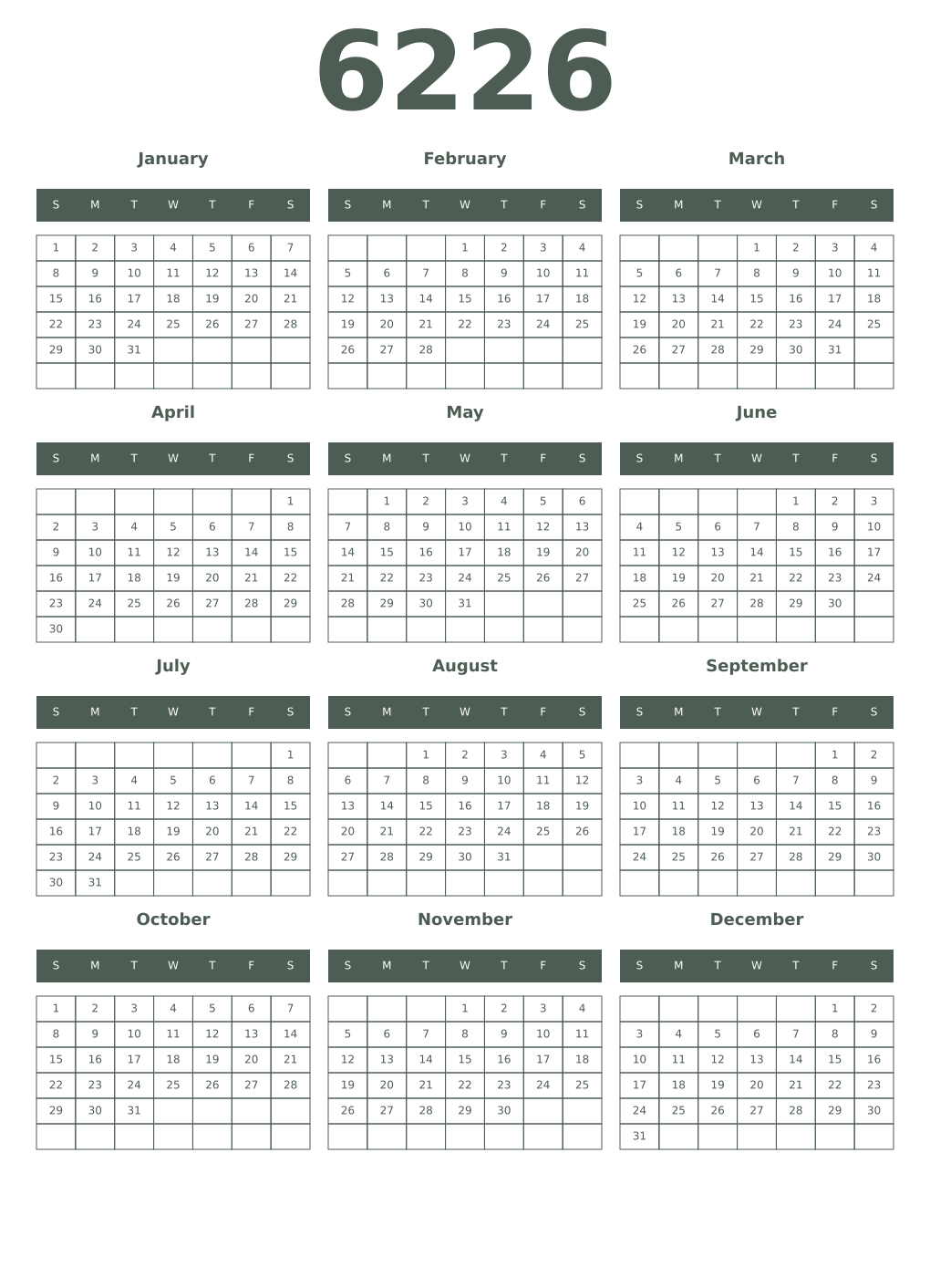 Printable 6226 Year Calendars feldgrau