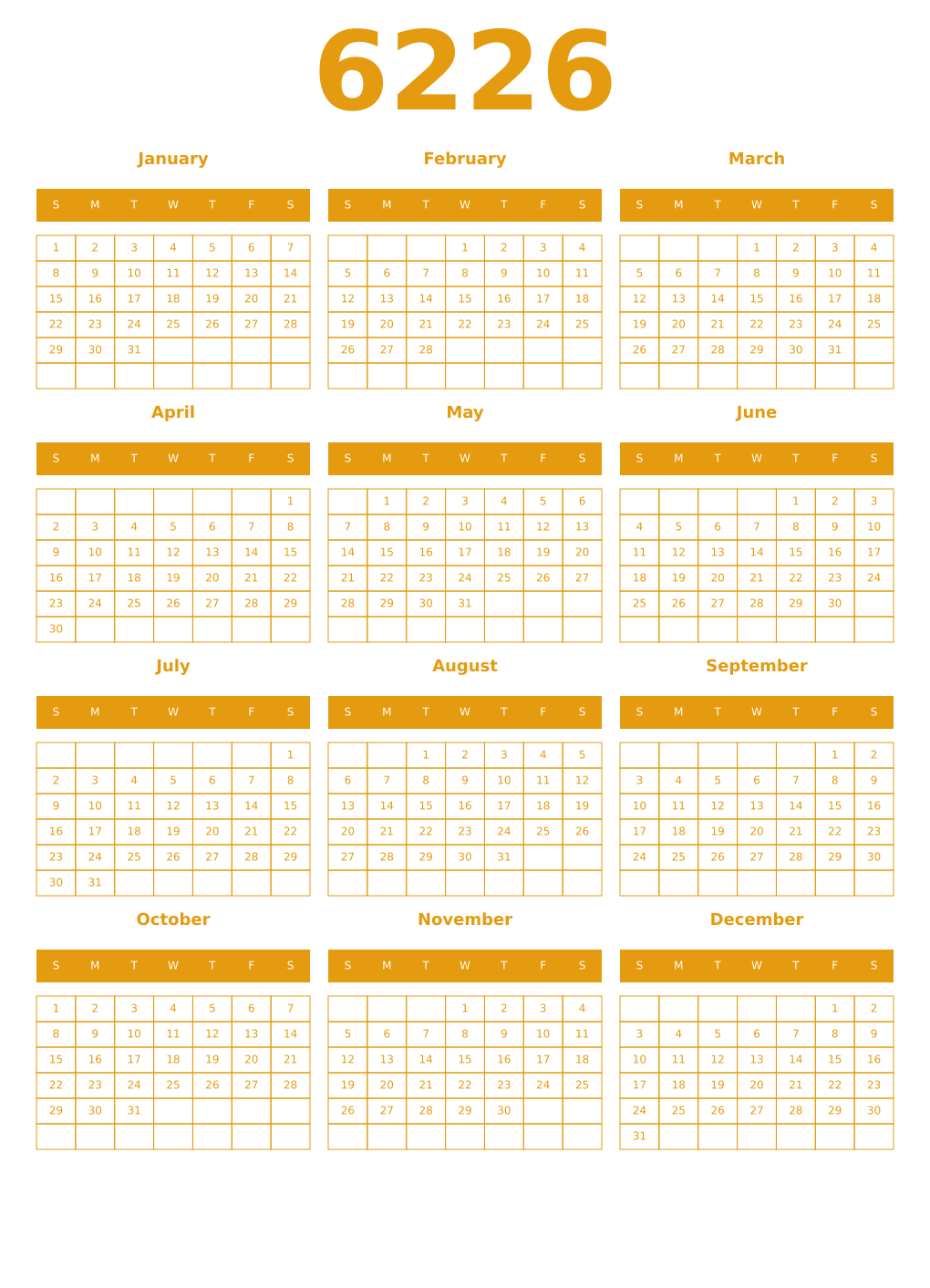 Printable 6226 Year Calendars gamboge