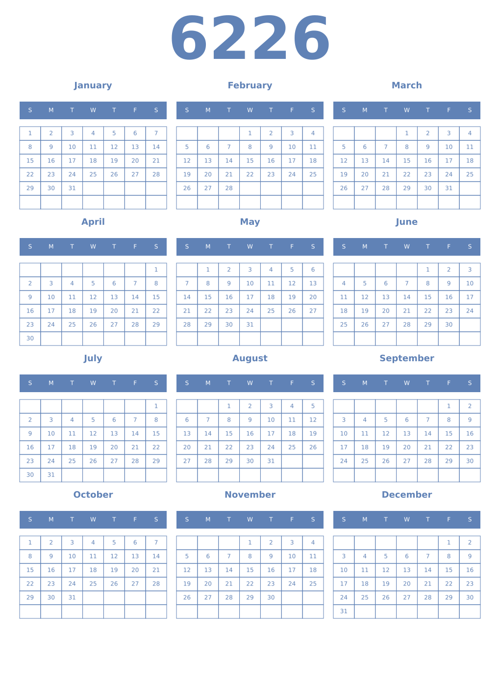 Printable 6226 Year Calendars glaucous