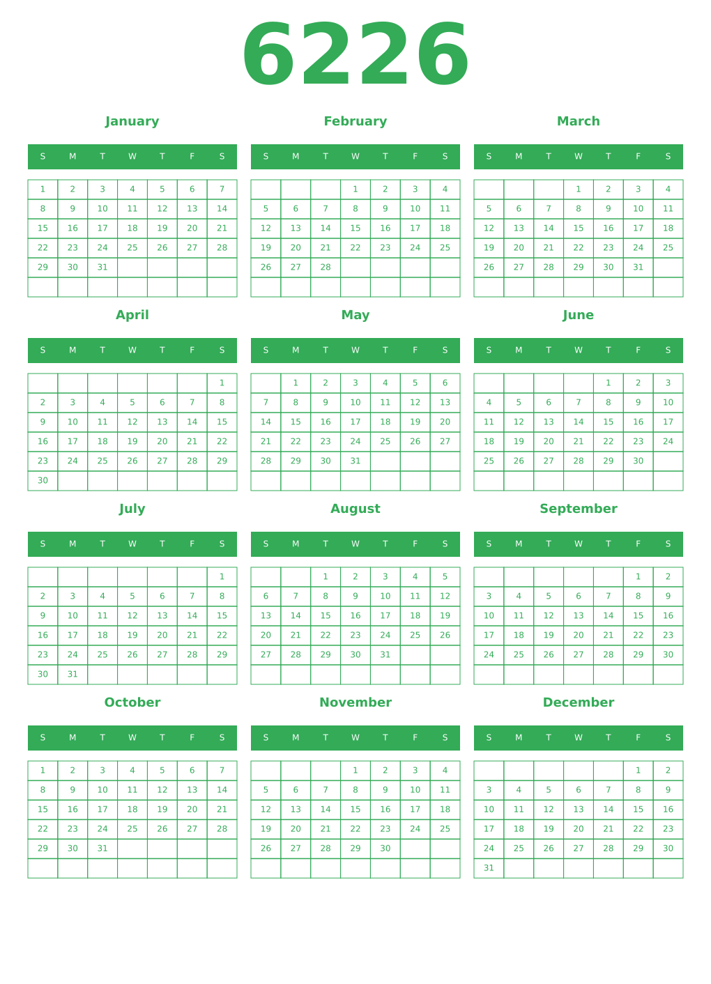 Printable 6226 Year Calendars green