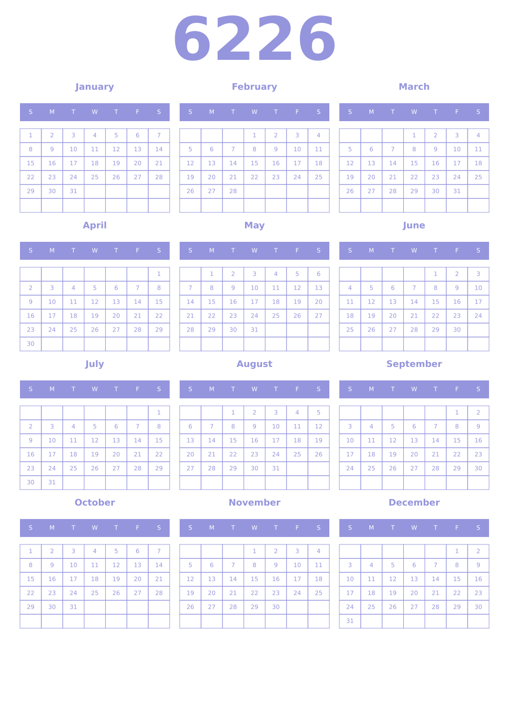 Printable 6226 Year Calendars periwinkle