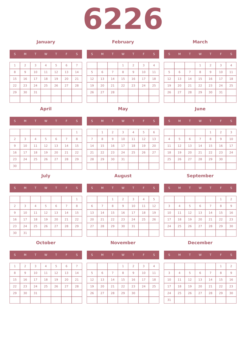 Printable 6226 Year Calendars puce