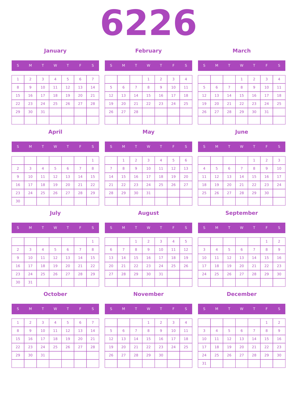 Printable 6226 Year Calendars purple