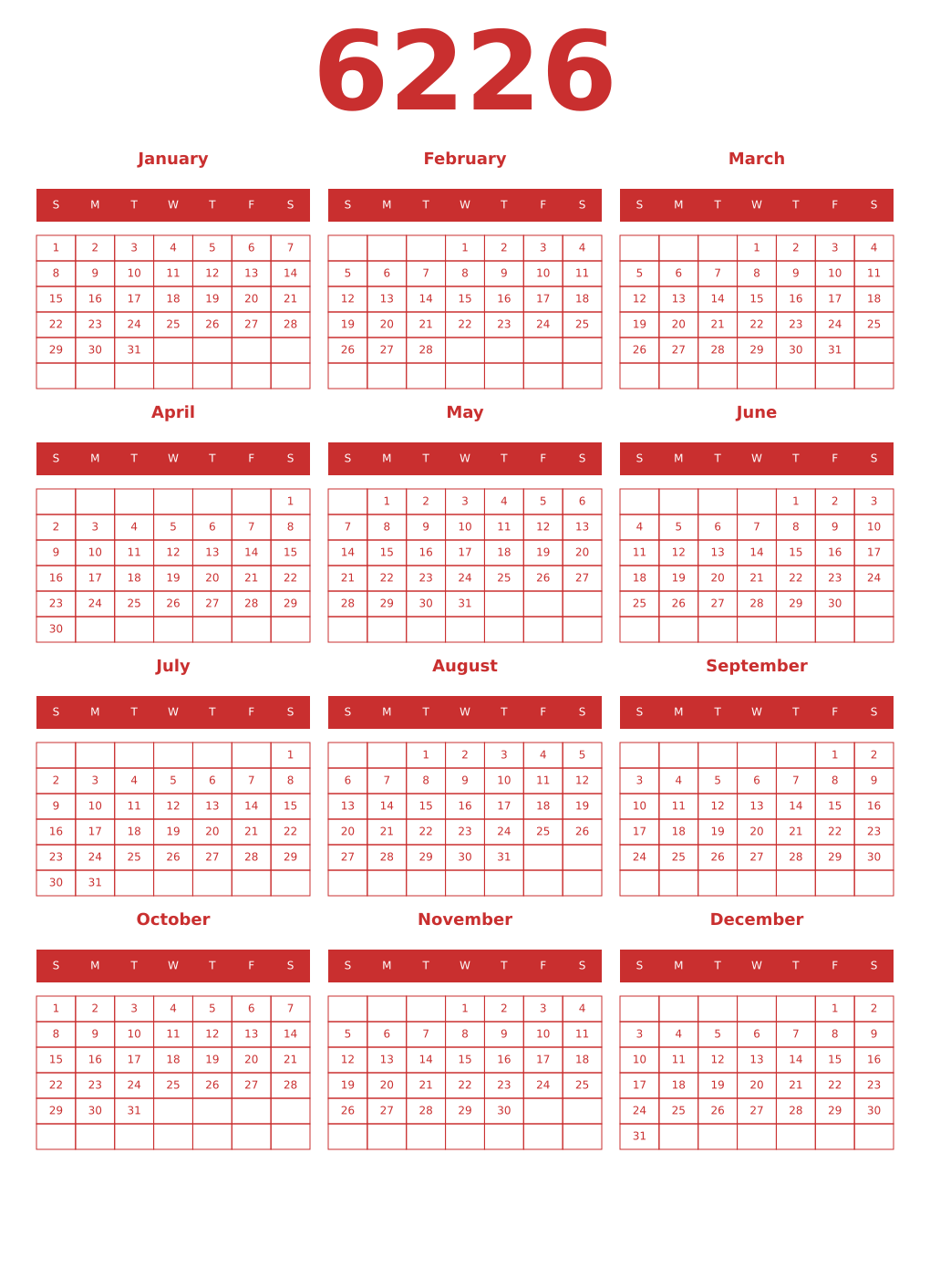 Printable 6226 Year Calendars red