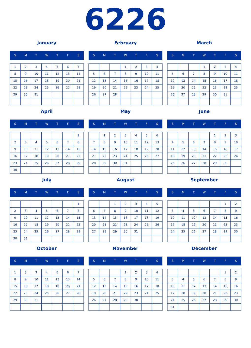 Printable 6226 Year Calendars smalt