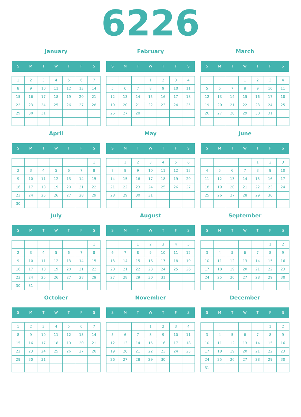 Printable 6226 Year Calendars verdigris