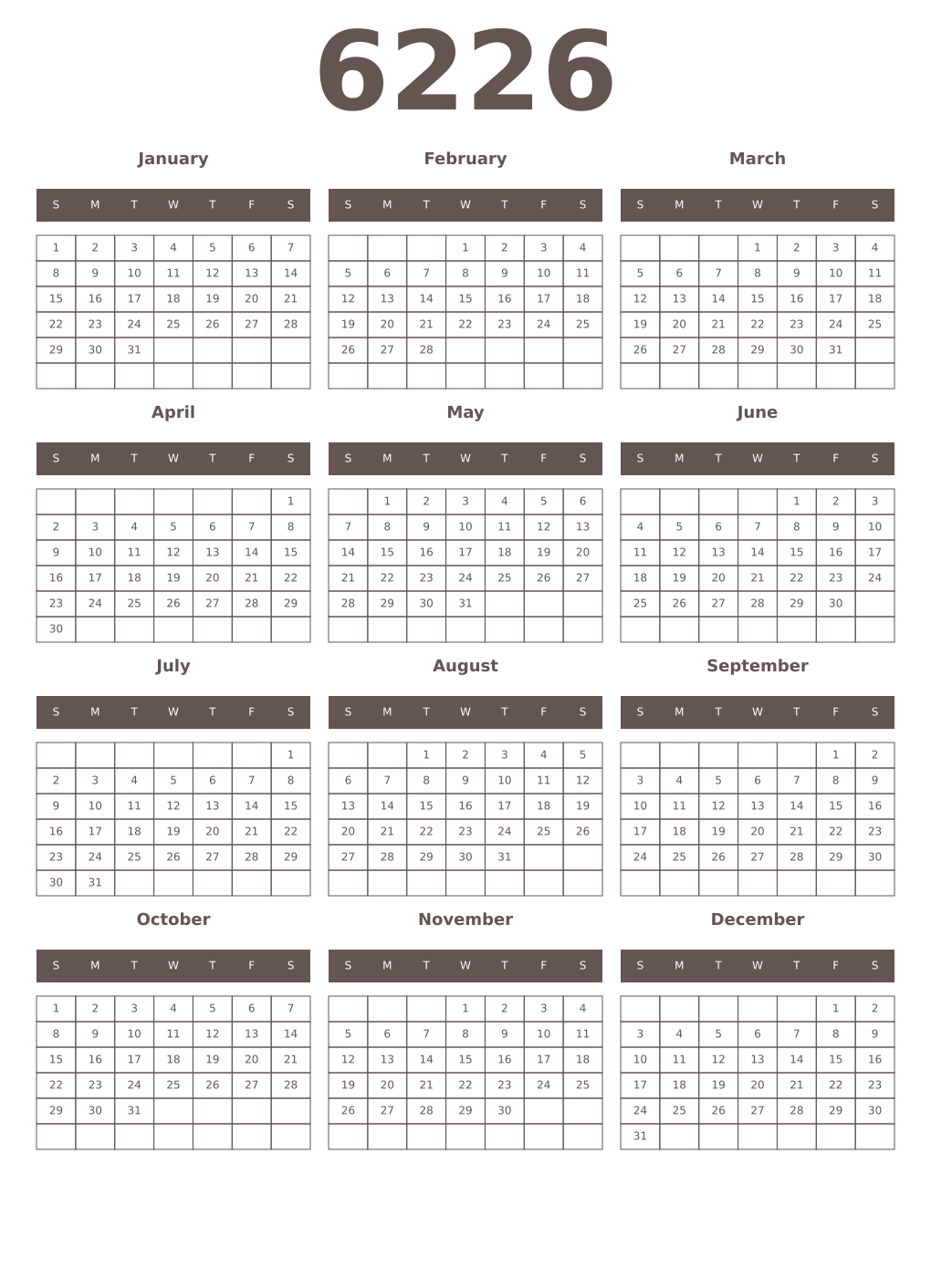 Printable 6226 Year Calendars wenge