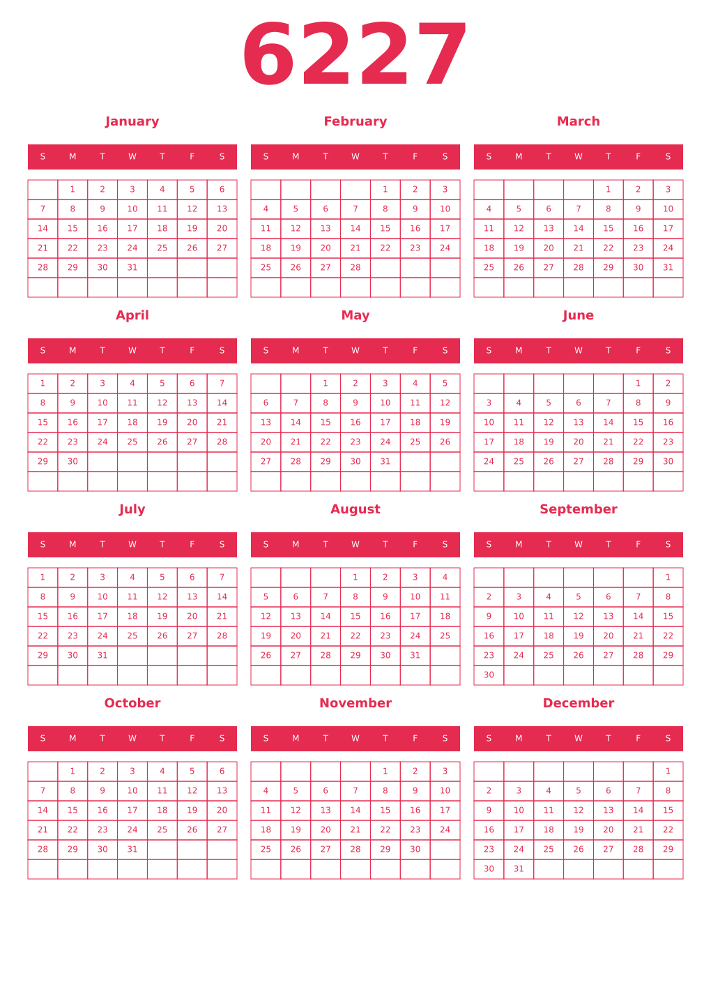 Printable 6227 Year Calendars amaranth