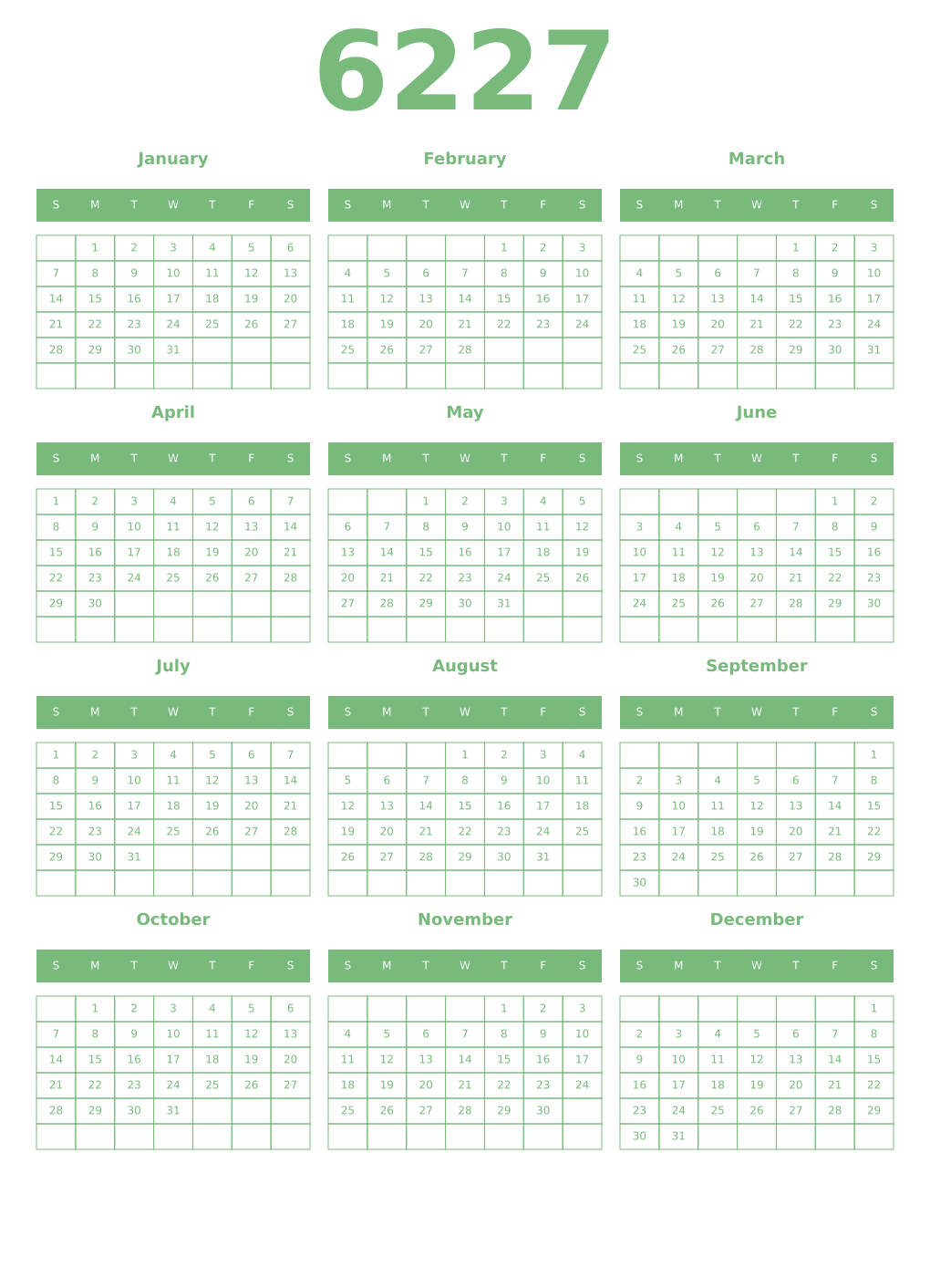 Printable 6227 Year Calendars celadon