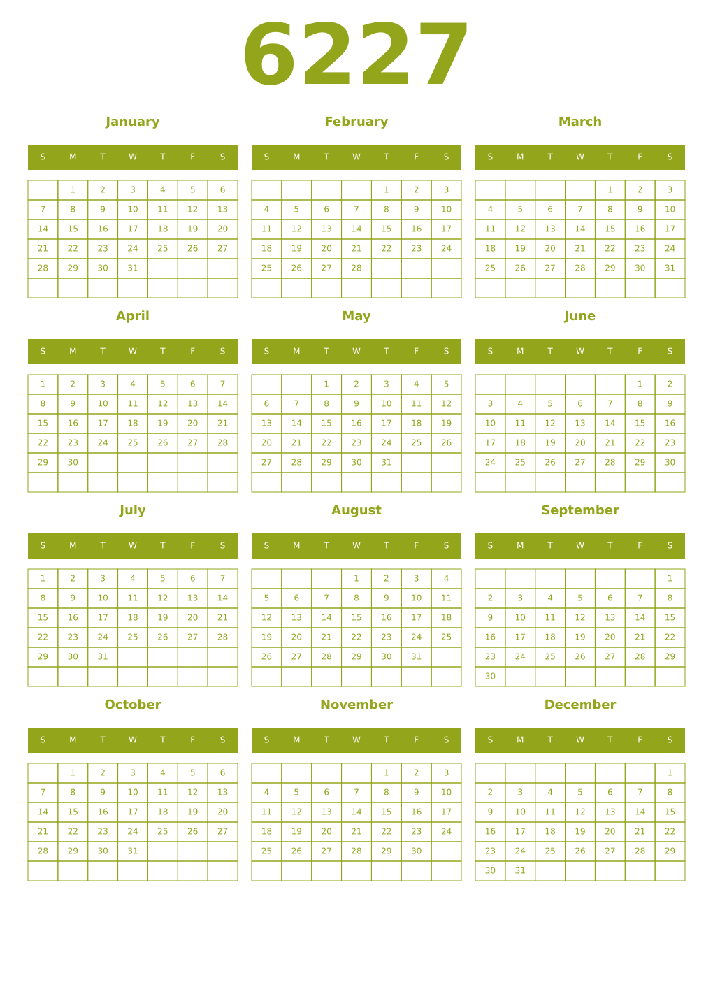 Printable 6227 Year Calendars chartreuse
