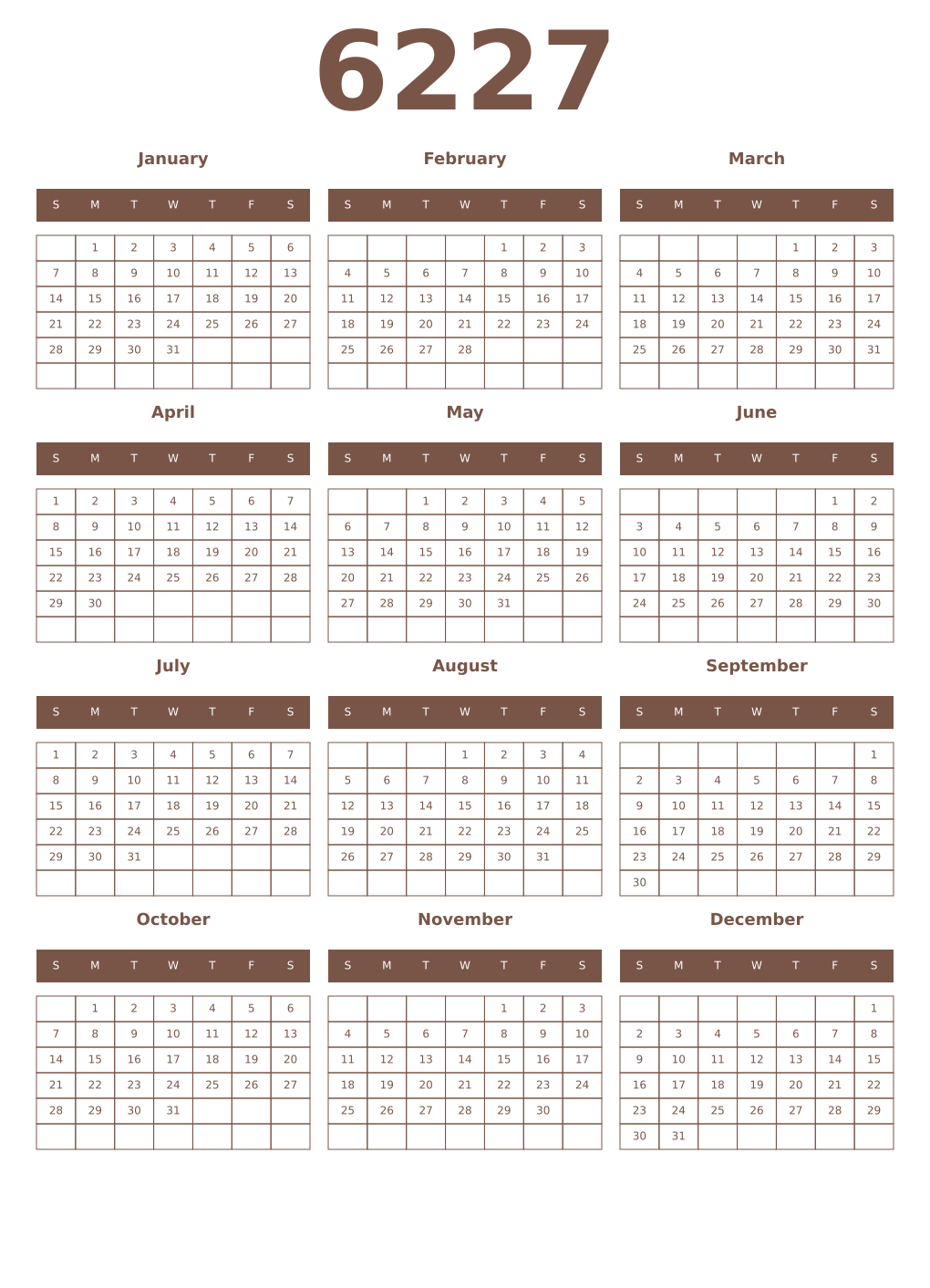 Printable 6227 Year Calendars coffe