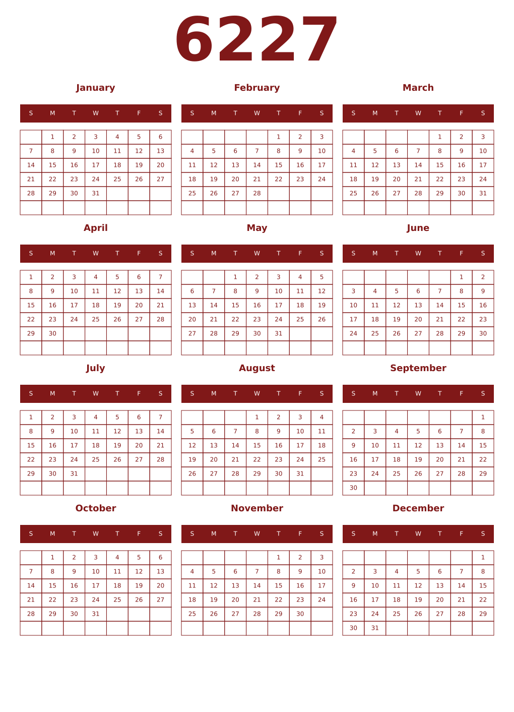Printable 6227 Year Calendars falu
