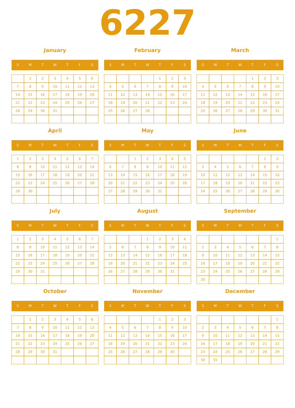 Printable 6227 Year Calendars gamboge