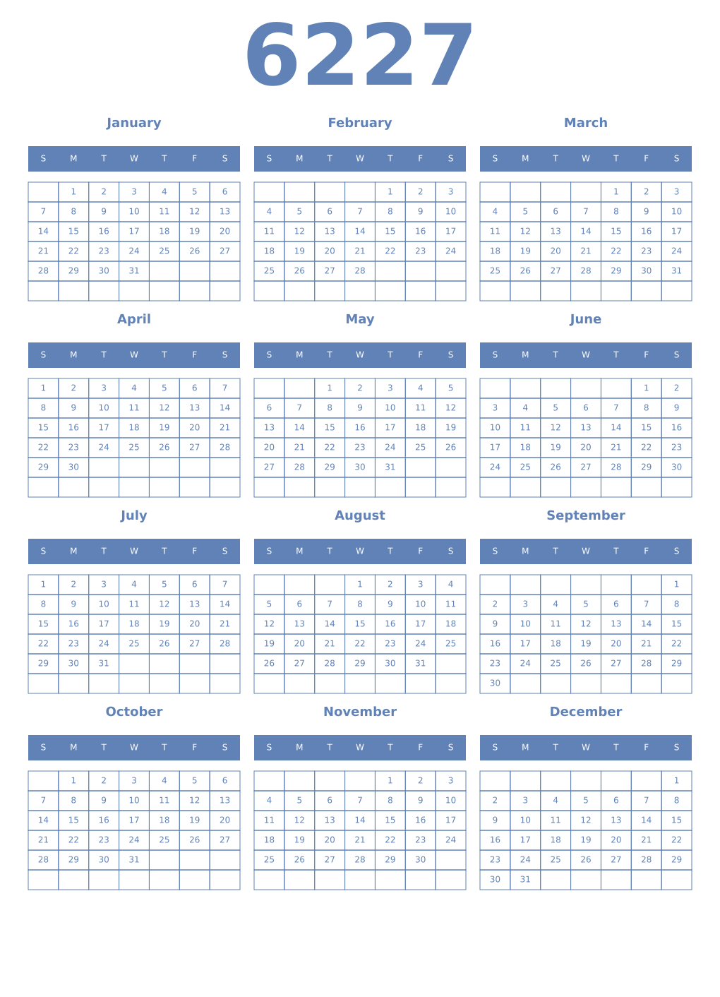 Printable 6227 Year Calendars glaucous