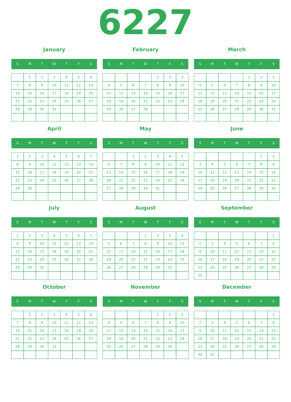Printable 6227 Year Calendars green