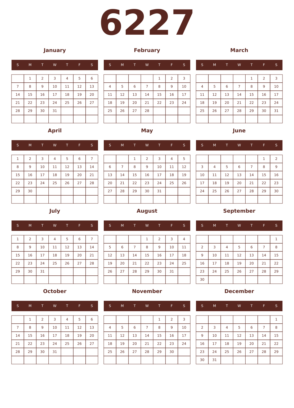 Printable 6227 Year Calendars mortuum
