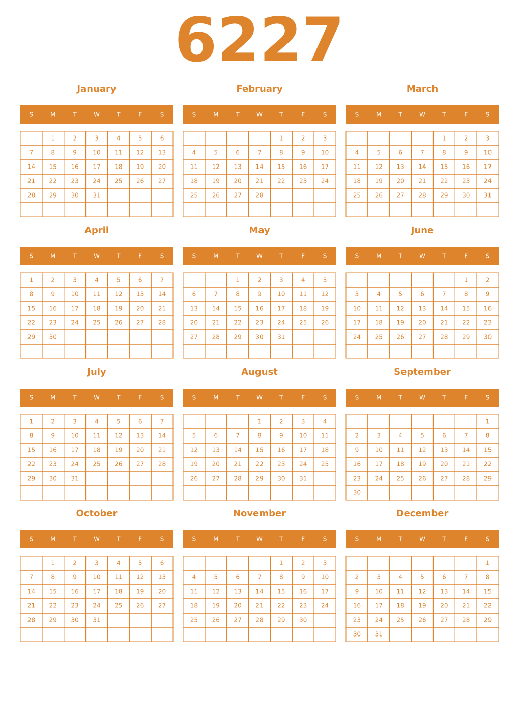 Printable 6227 Year Calendars orange