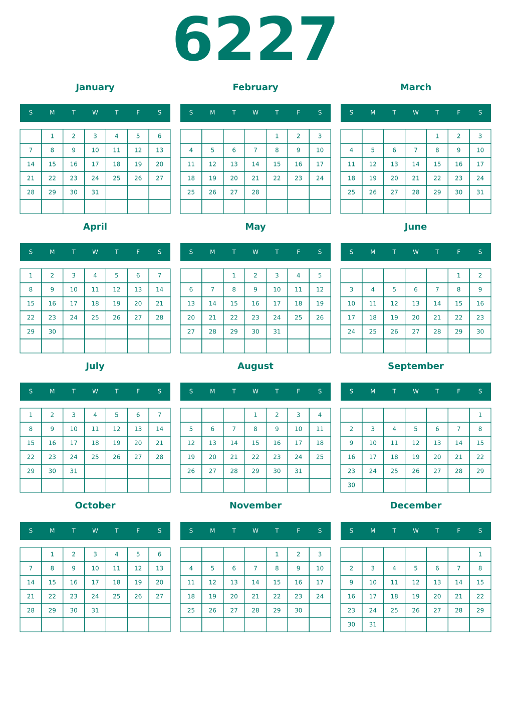 Printable 6227 Year Calendars pastel